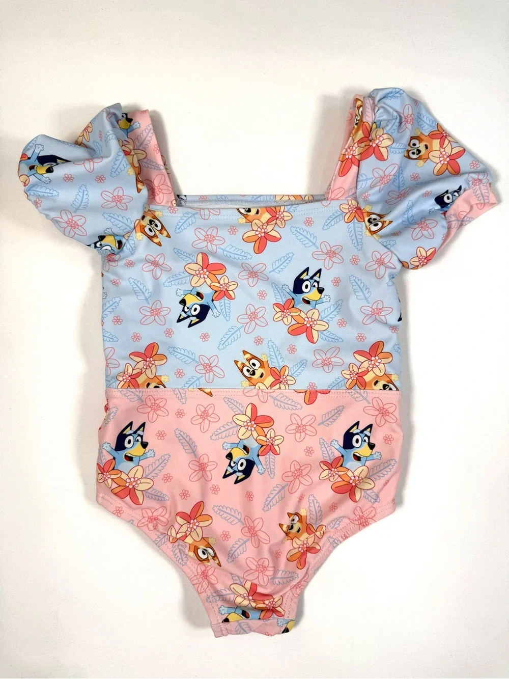 BLUEY Girls Floral Puff Sleeve Swimsuit One Piece 2T Tropical Beach Summer Kids